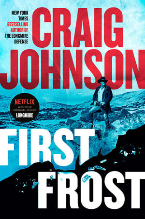 Cover of the Craig Johnson novel First Frost with Walt Longmire standing in a rock outcropping.